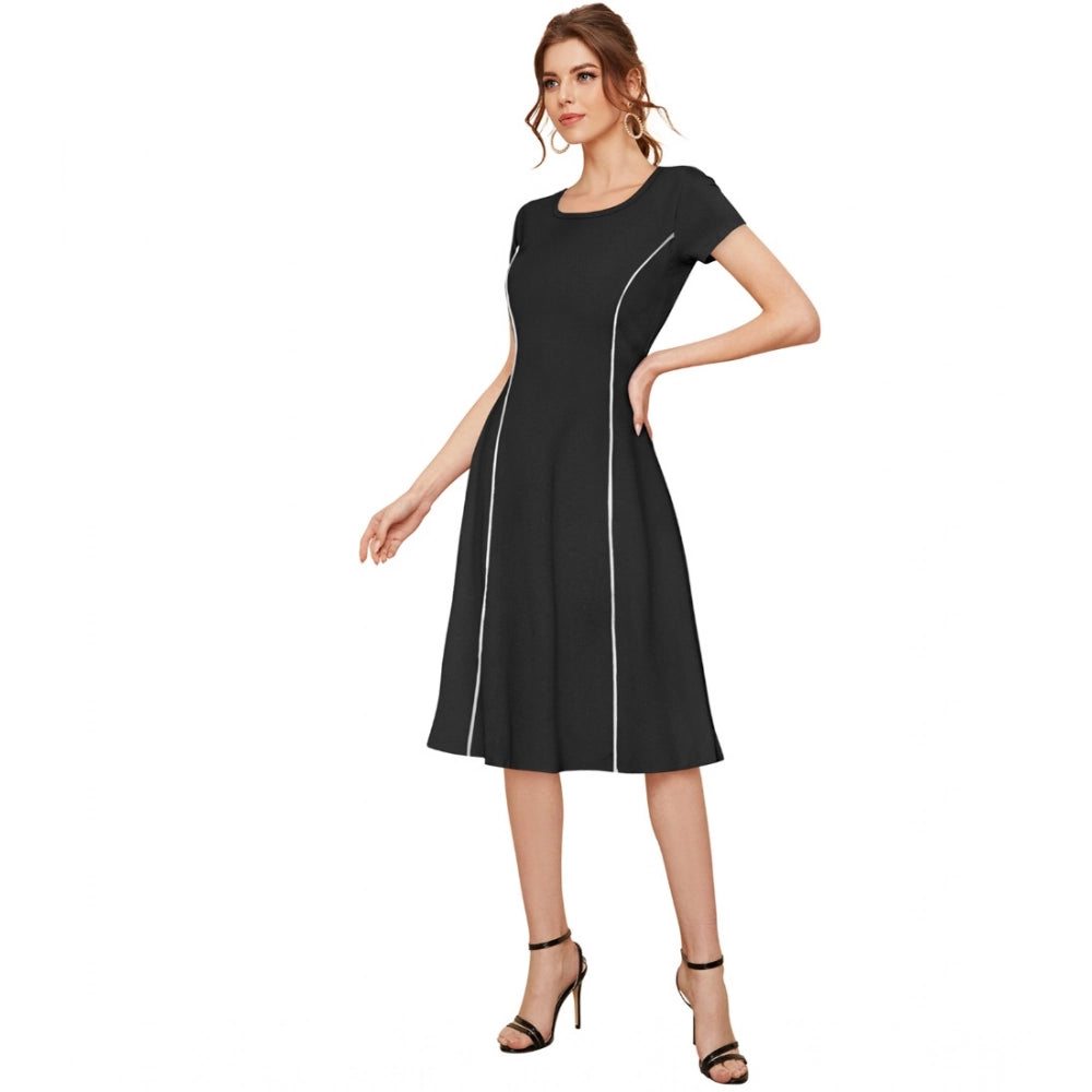 Women's Knitting strachable Solid Round Neck Cap Sleeve Dresses (Black)