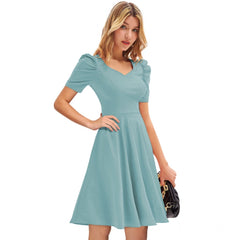 Women's Knitting strachable Solid V Neck Cap Sleeve Dresses (Pista)