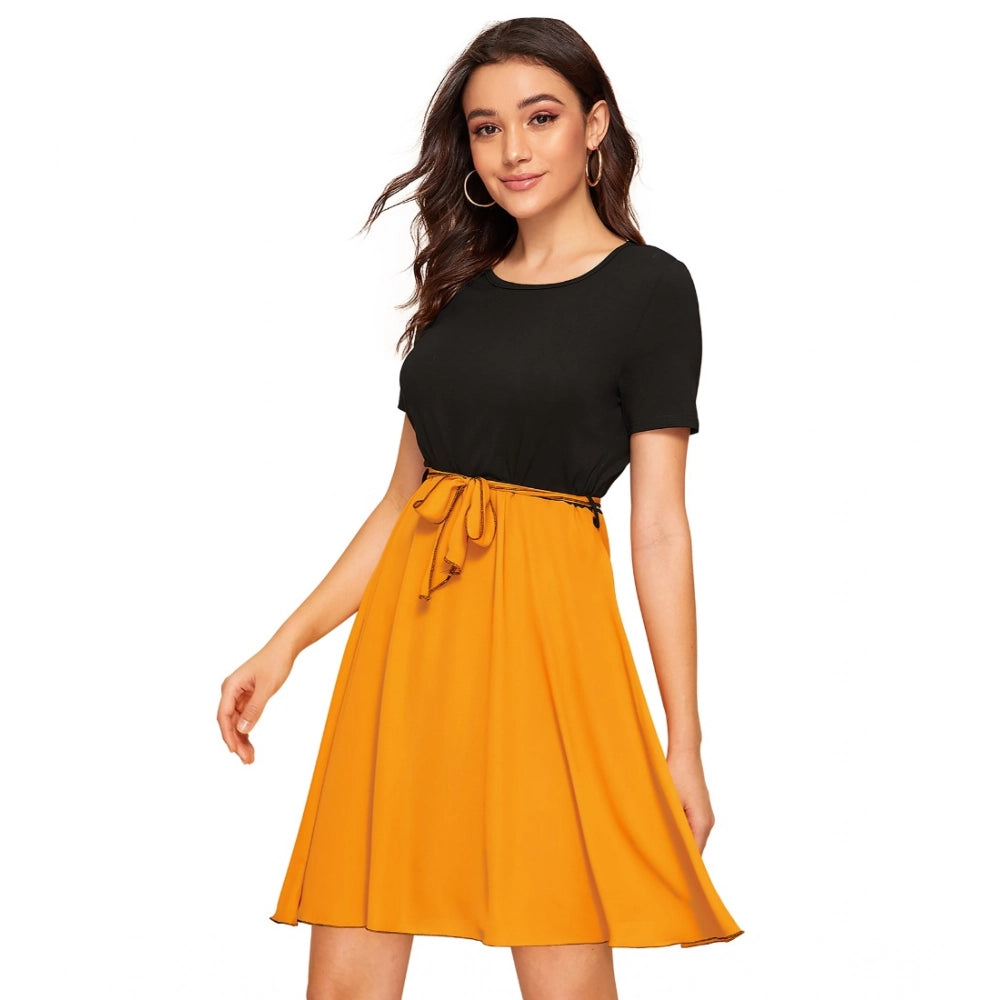 Women's Knitting strachable Solid Round Neck Cap Sleeve Dresses (Yellow)