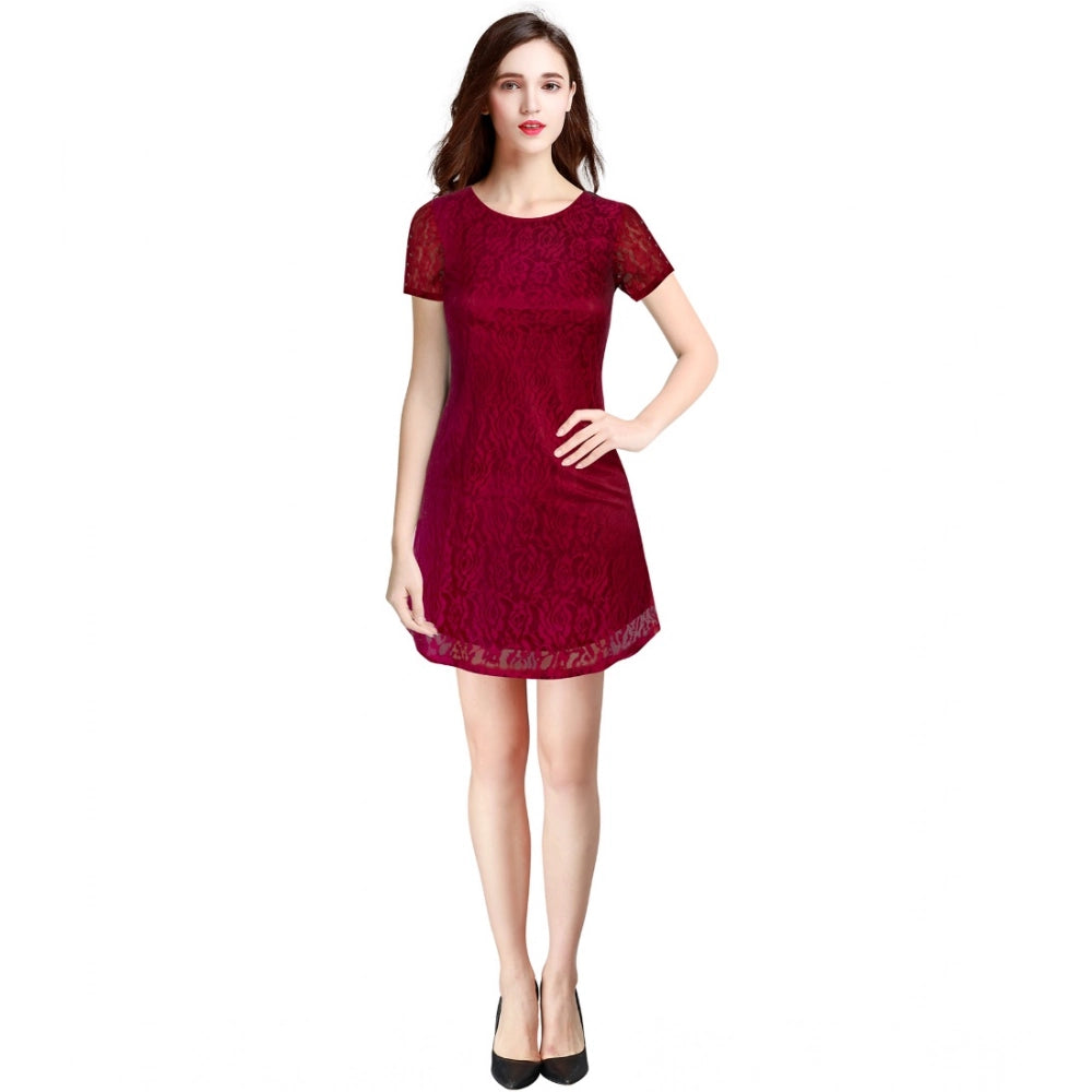 Women's Rasal Solid Round Neck Cap Sleeve Dresses (Maroon)