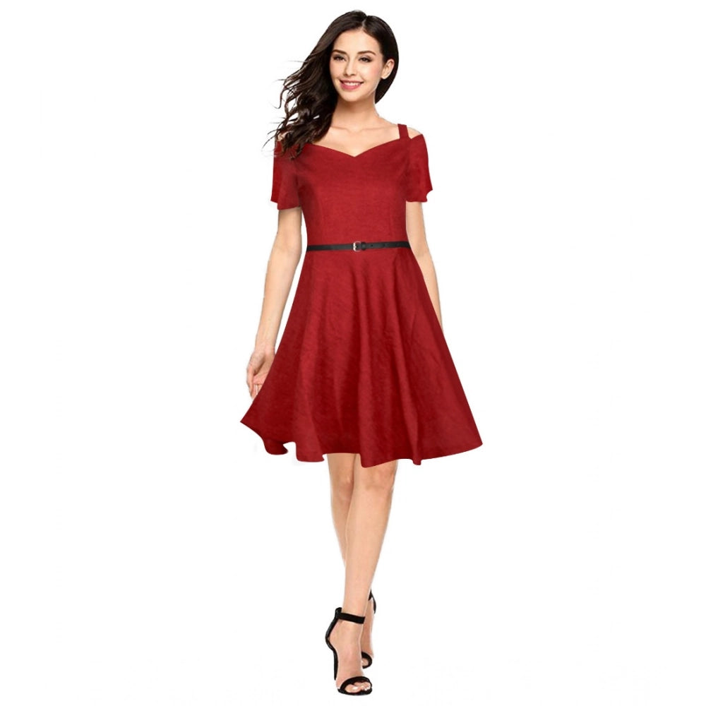 Women's Polyster Solid V Neck Cap Sleeve Dresses (Maroon)