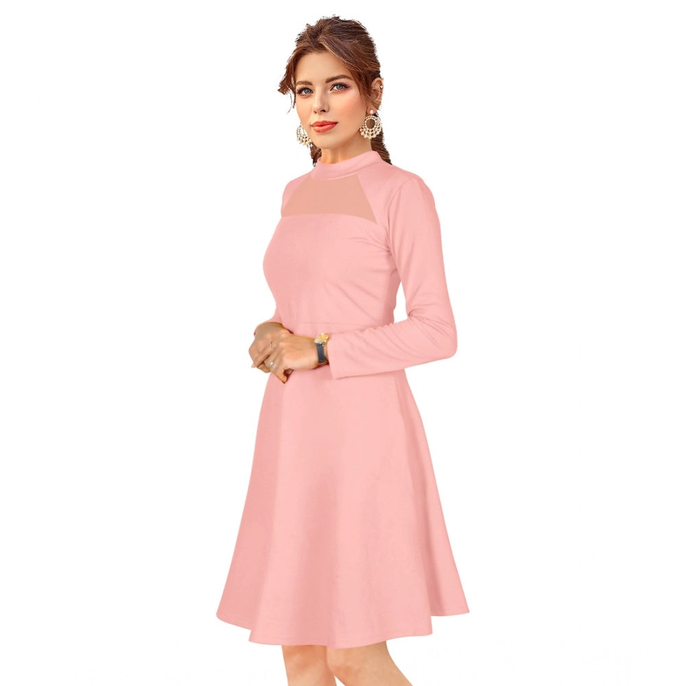 Women's Knitting strachable Solid Round Neck Full Sleeve Dresses (Peach)