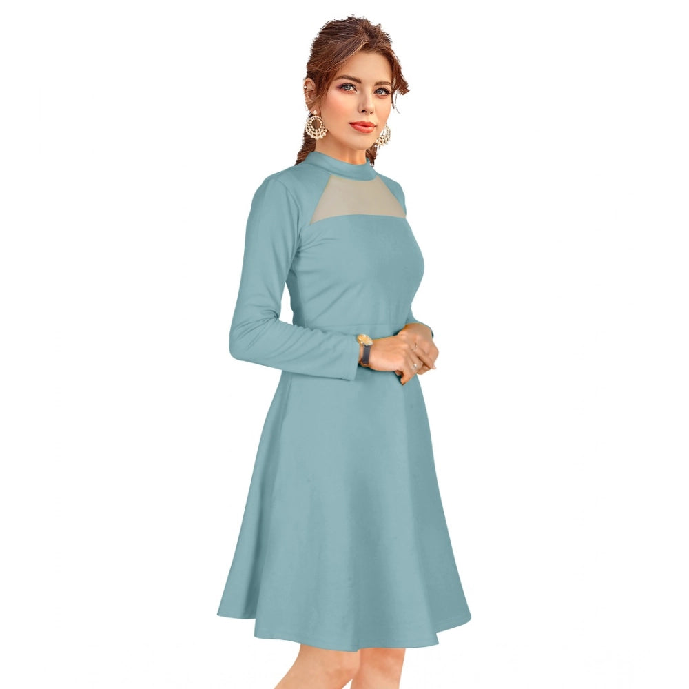 Women's Knitting strachable Solid Round Neck Full Sleeve Dresses (Pista)