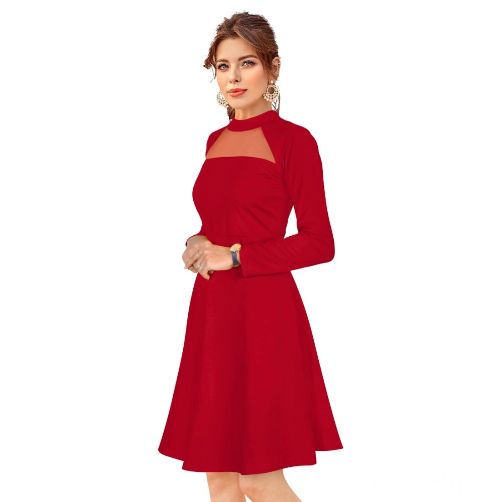 Women's Knitting strachable Solid Round Neck Full Sleeve Dresses (Red)