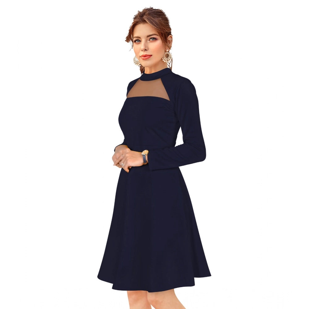 Women's Knitting strachable Solid Round Neck Full Sleeve Dresses (Blue)