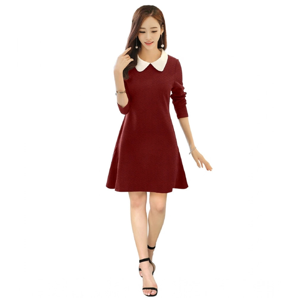 Women's Polyster Solid Collar 3-4th Dresses (Maroon)