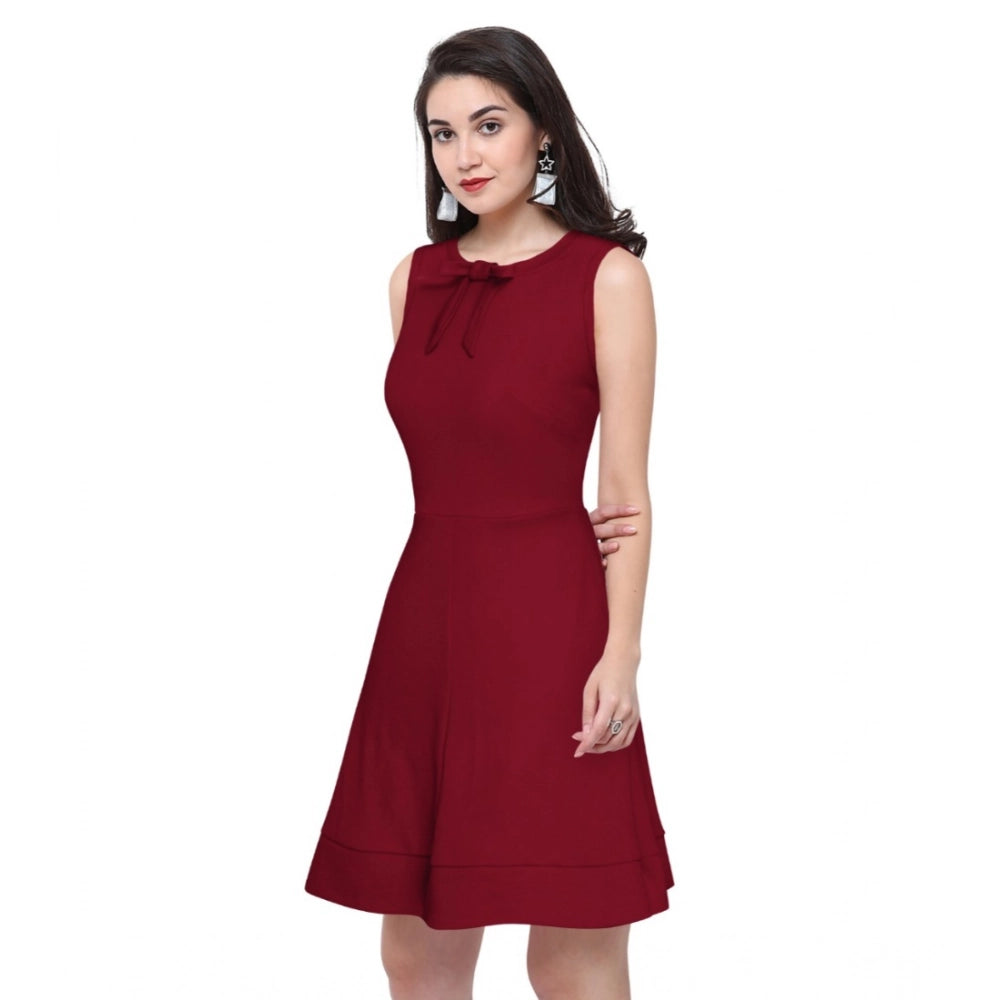 Women's Polyster Solid Round Neck Sleeveless Dresses (Maroon)