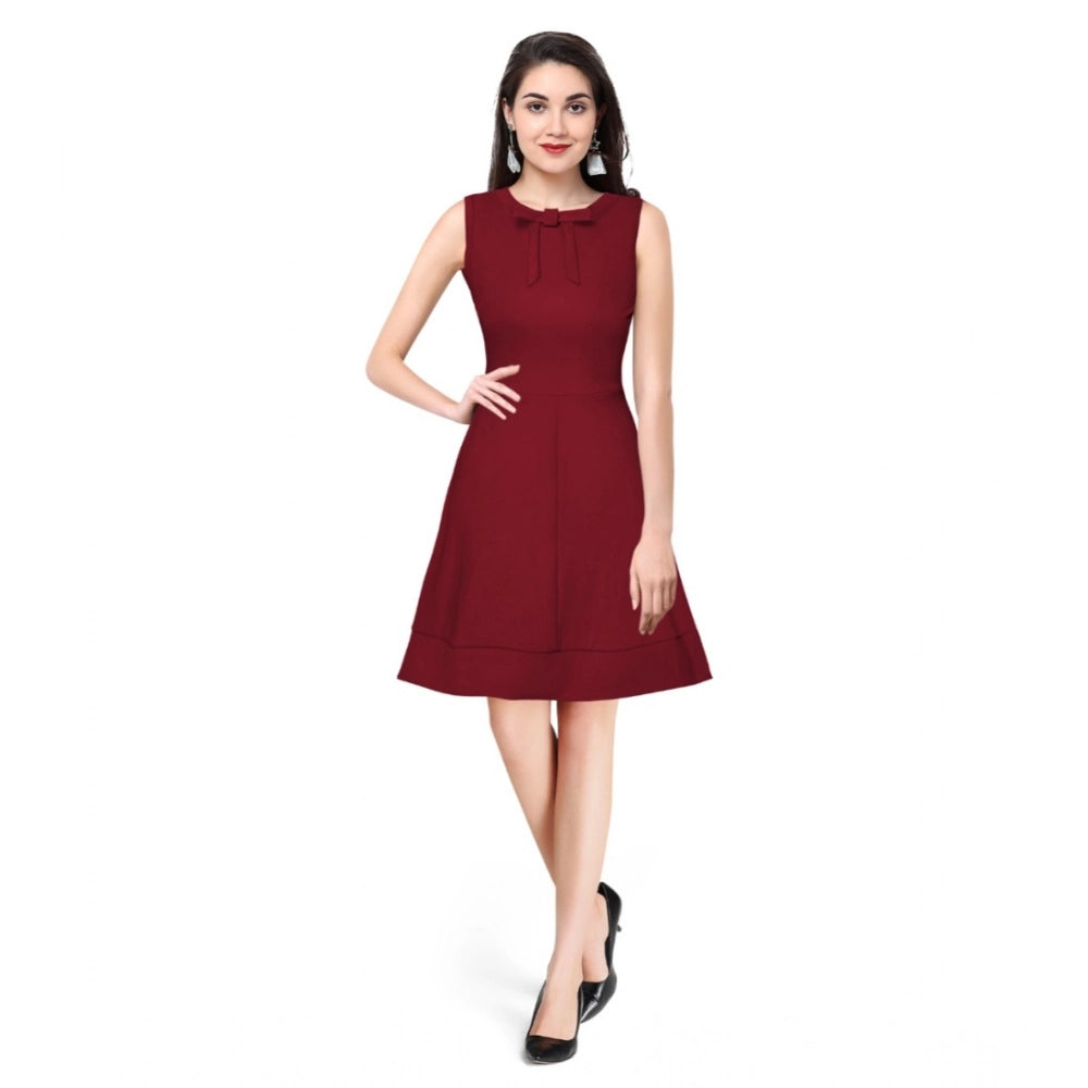 Women's Polyster Solid Round Neck Sleeveless Dresses (Maroon)