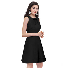 Women's Polyster Solid Round Neck Sleeveless Dresses (Black)