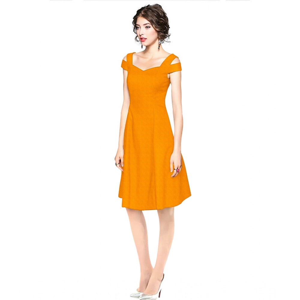 Women's Polyster Solid V Neck Cap Sleeve off Sholder Dresses (Yellow)