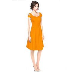 Women's Polyster Solid V Neck Cap Sleeve off Sholder Dresses (Yellow)