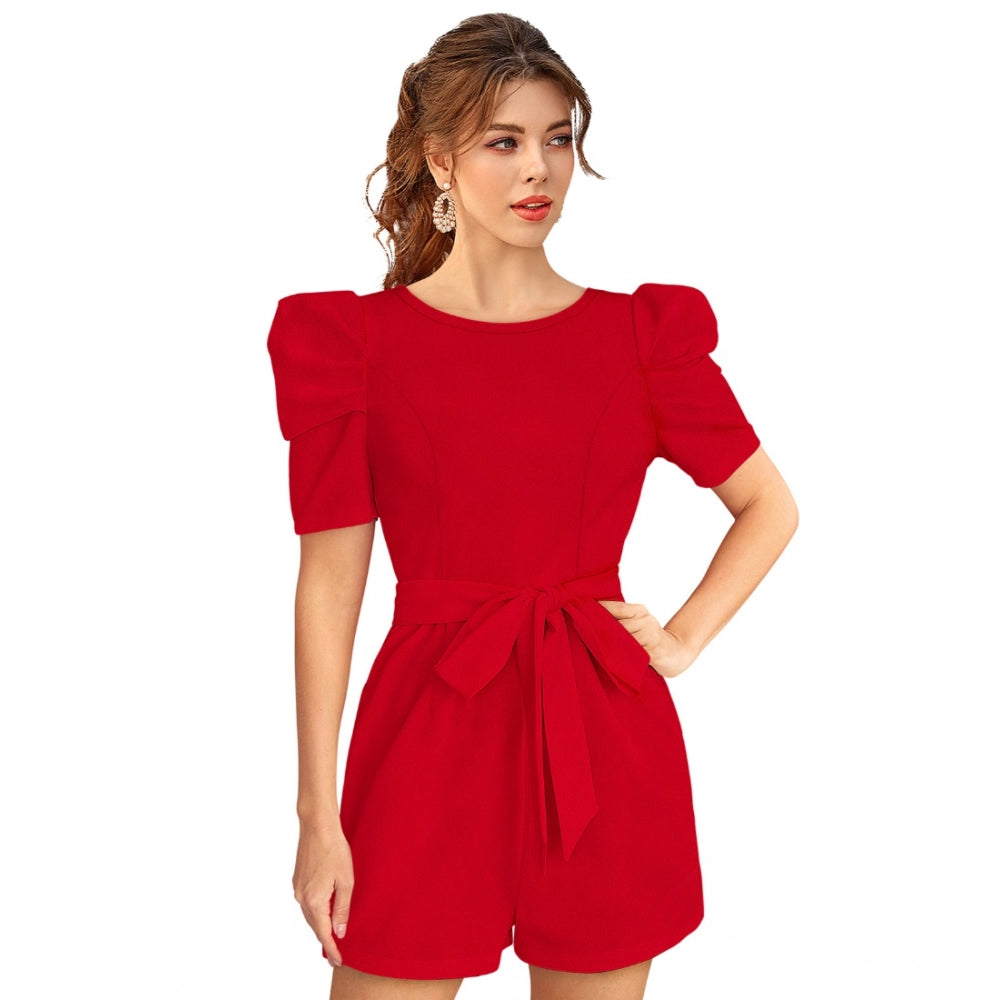 Women's Knitting strachable Solid Round Neck 3-4 Puff Sleeve Dresses (Red )