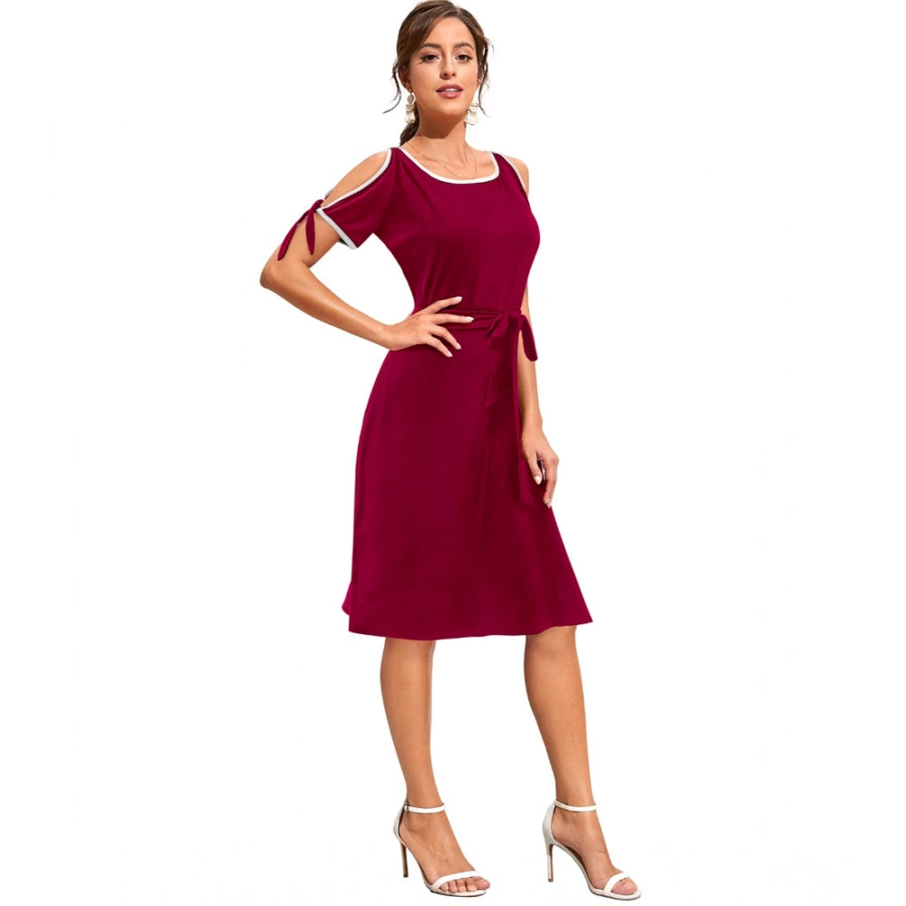 Women's Knitting strachable Solid Round Neck Sleeveless Dresses (Maroon)