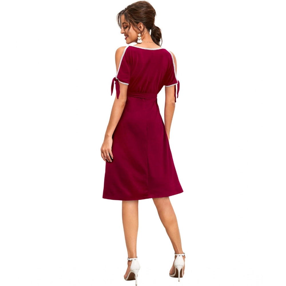 Women's Knitting strachable Solid Round Neck Sleeveless Dresses (Maroon)