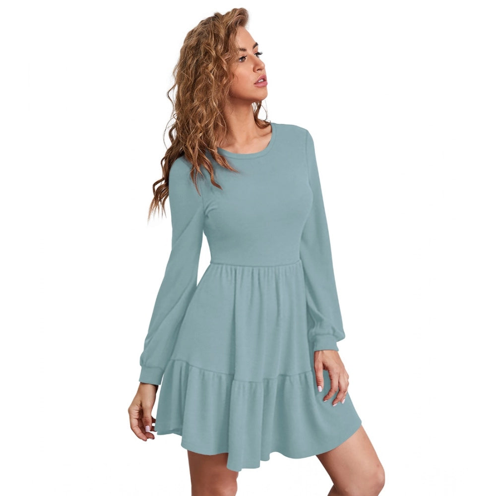 Women's Knitting strachable Solid Round Neck Full Sleeve Dresses (Pista)