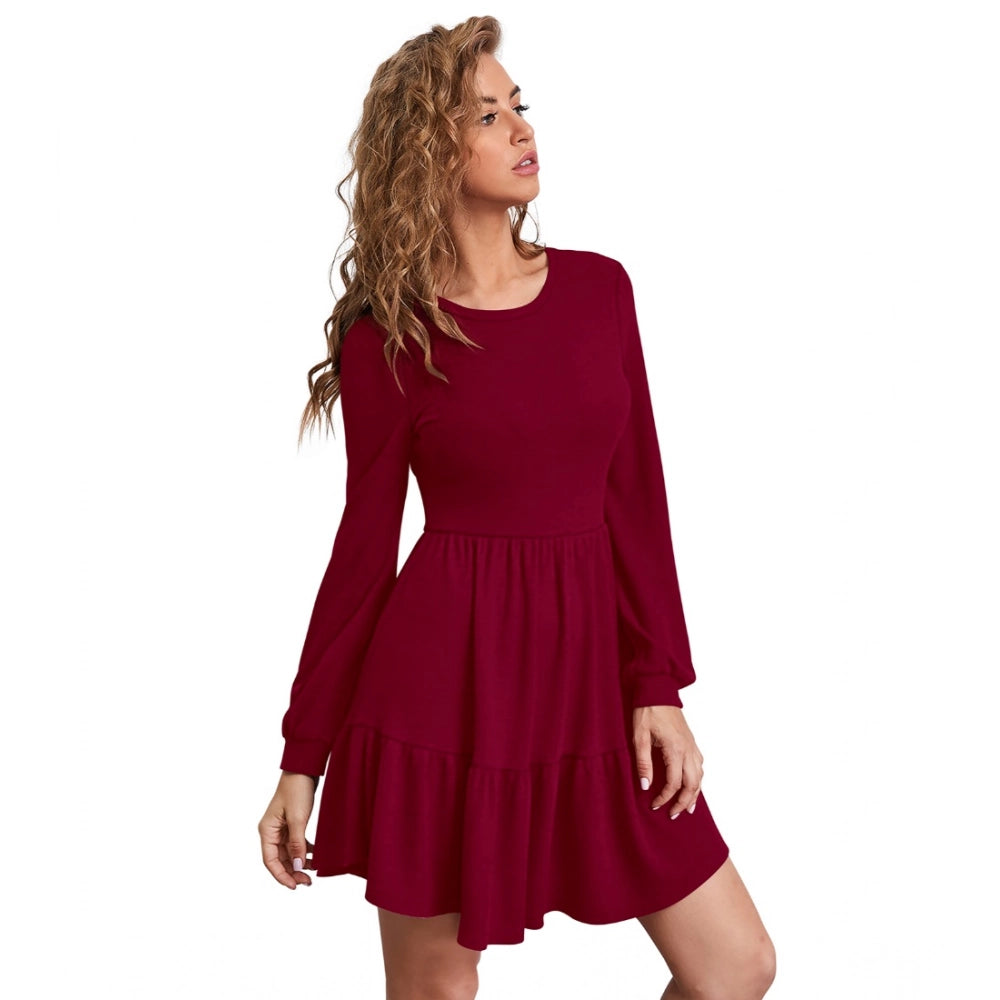 Women's Knitting strachable Solid Round Neck Full Sleeve Dresses (Maroon)