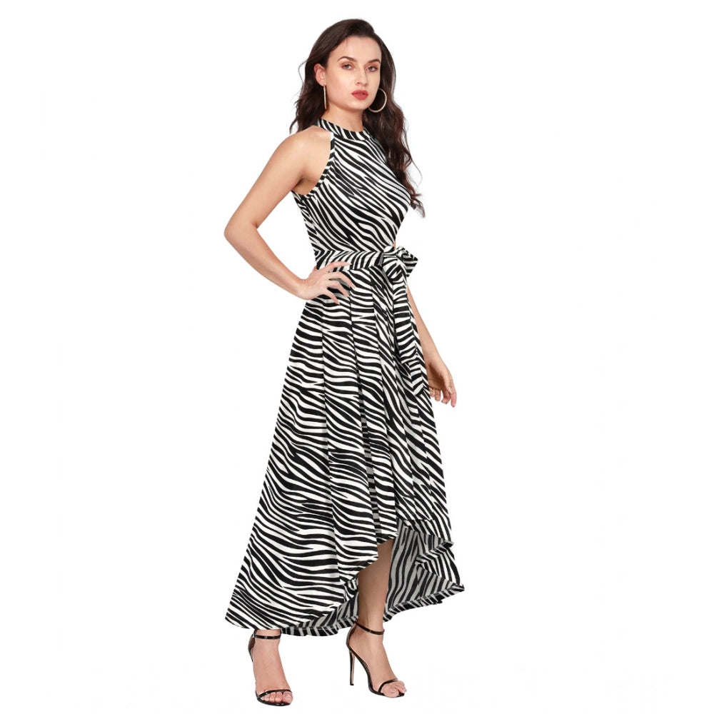 Women's Polyster Zebra Pattern Helter Neck Sleeveless Dresses (White)