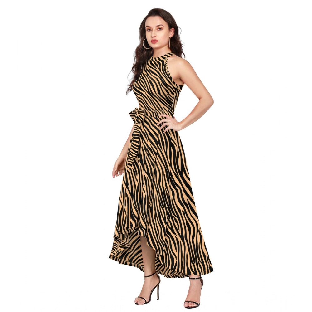 Women's Polyster Zebra Pattern Helter Neck Sleeveless Dresses (Yellow)