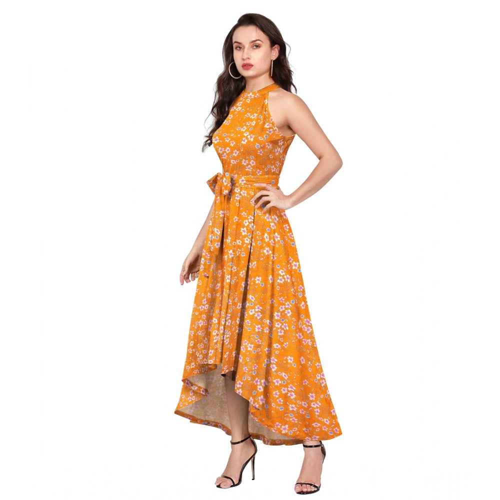 Women's Polyster Printed Helter Neck Sleeveless Dresses (Yellow)