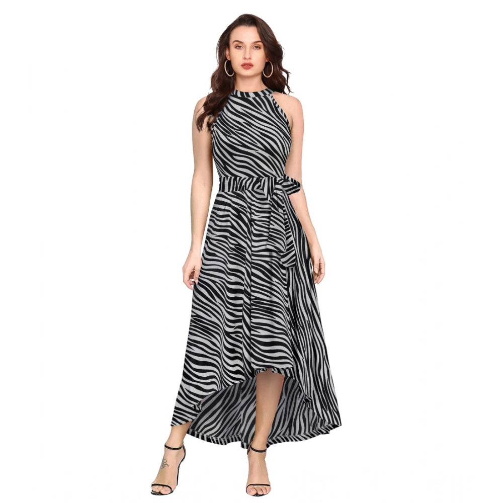 Women's Polyster Zebra Pattern Helter Neck Sleeveless Dresses (Nevy Blue)