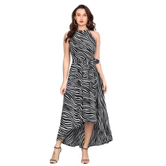 Women's Polyster Zebra Pattern Helter Neck Sleeveless Dresses (Nevy Blue)