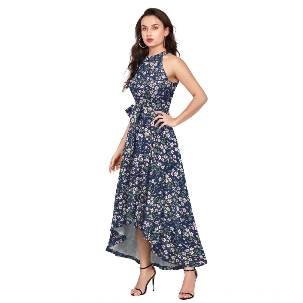 Women's Polyster Printed Helter Neck Sleeveless Dresses (Blue)