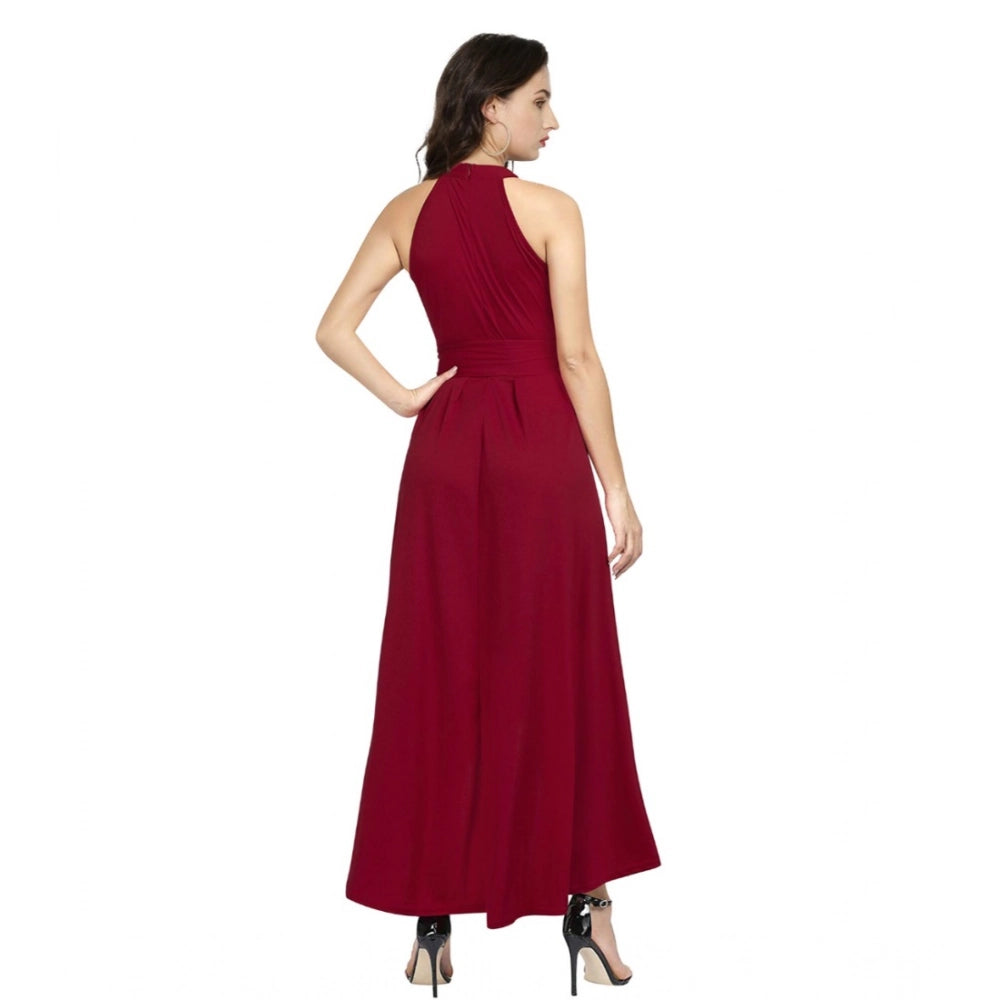 Women's Polyster Solid Helter Neck Sleeveless Dresses (Maroon)