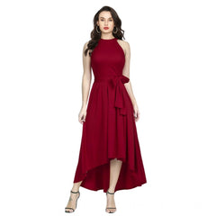 Women's Polyster Solid Helter Neck Sleeveless Dresses (Maroon)