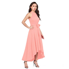 Women's Polyster Solid Helter Neck Sleeveless Dresses (Peach)