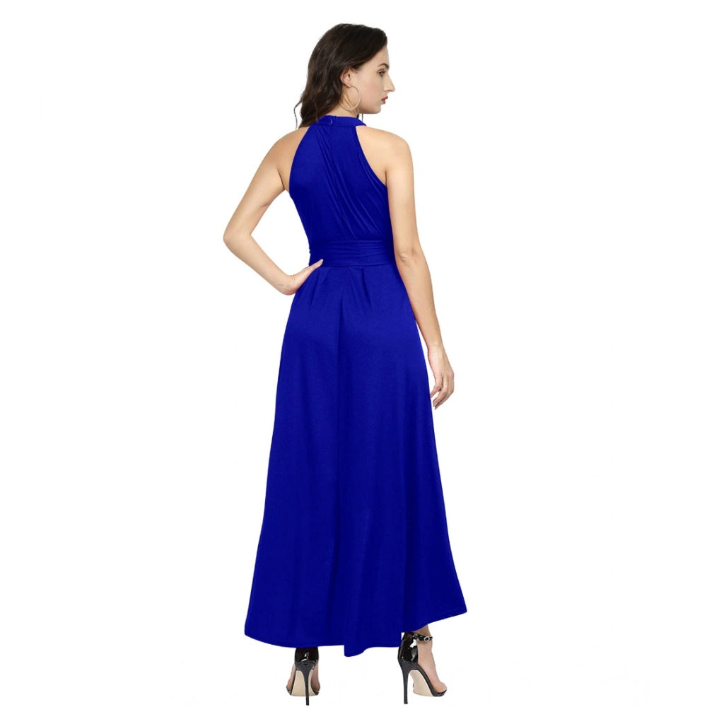 Women's Polyster Solid Helter Neck Sleeveless Dresses (Royal Blue)