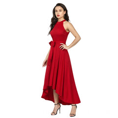 Women's Polyster Solid Helter Neck Sleeveless Dresses (Red)