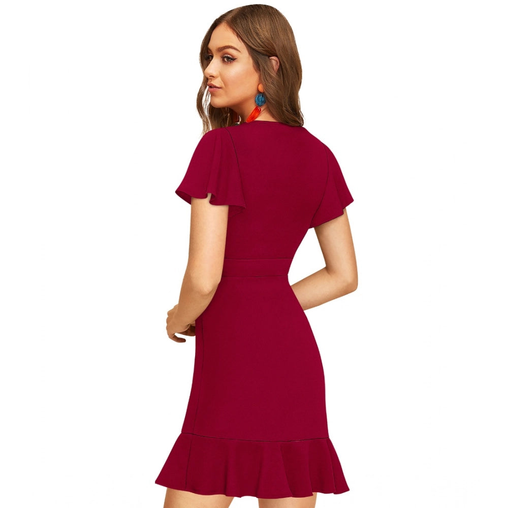 Women's Knitting strachable Solid V Neck Flaired Sleeve Dresses (Maroon )