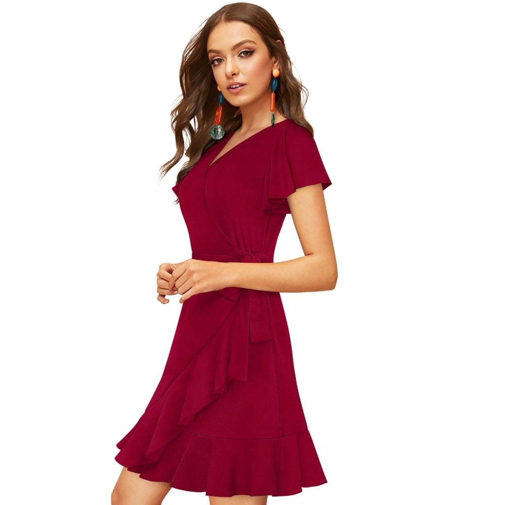 Women's Knitting strachable Solid V Neck Flaired Sleeve Dresses (Maroon )