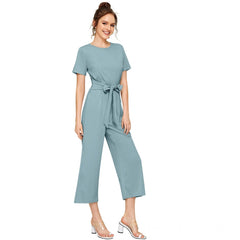 Women's Knitting strachable Solid Round Neck Cap Sleeve Jumpsuit (Pista )