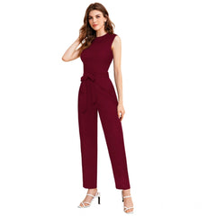 Women's Knitting strachable Solid Round Neck Sleeveless Jumpsuit (Maroon)