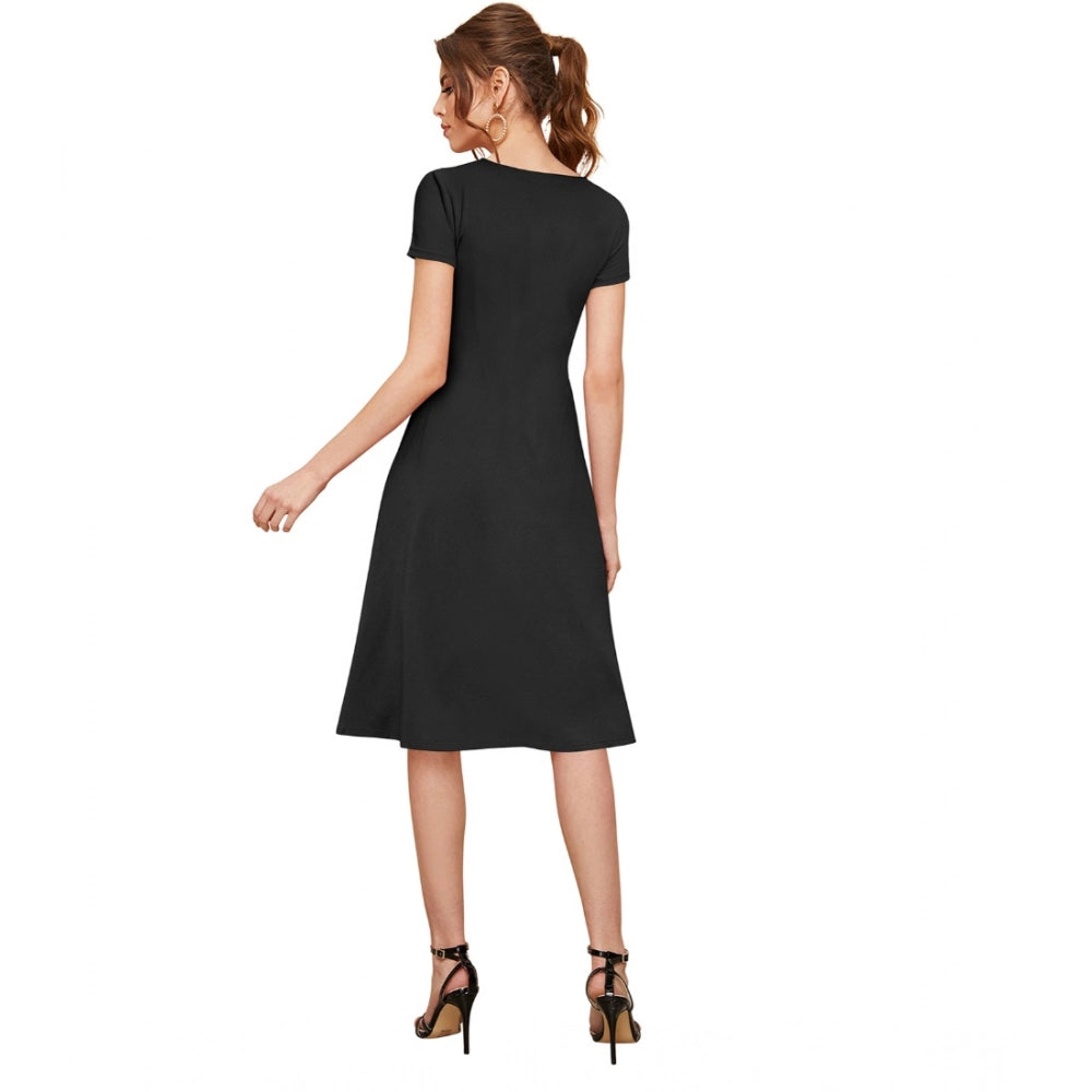 Women's Knitting strachable Solid Round Neck Cap Sleeve Dresses (Black)