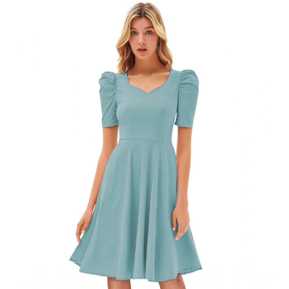 Women's Knitting strachable Solid V Neck Cap Sleeve Dresses (Pista)