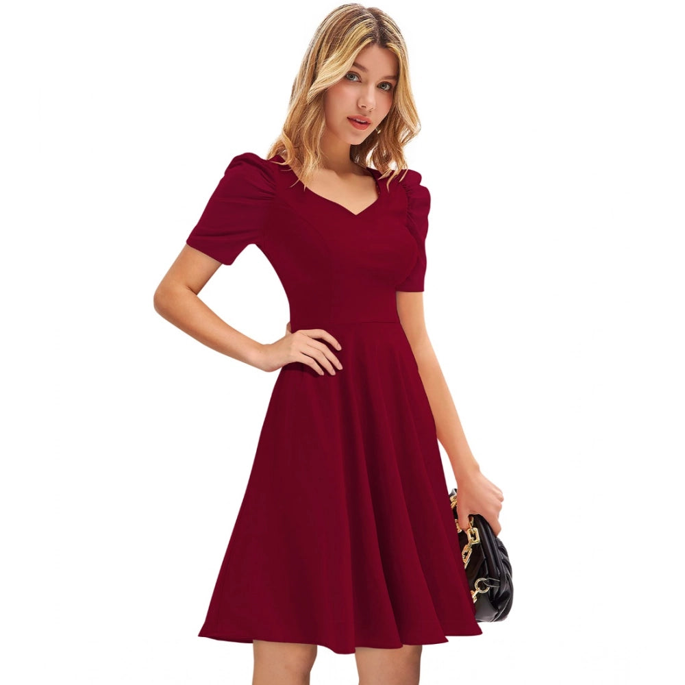 Women's Knitting strachable Solid V Neck Cap Sleeve Dresses (Maroon)