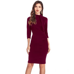 Women's Knitting strachable Solid Round Neck 3-4th Dresses (Maroon)