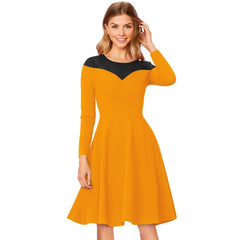 Women's Knitting strachable Solid Round Neck Full Sleeve Dresses (Yellow)