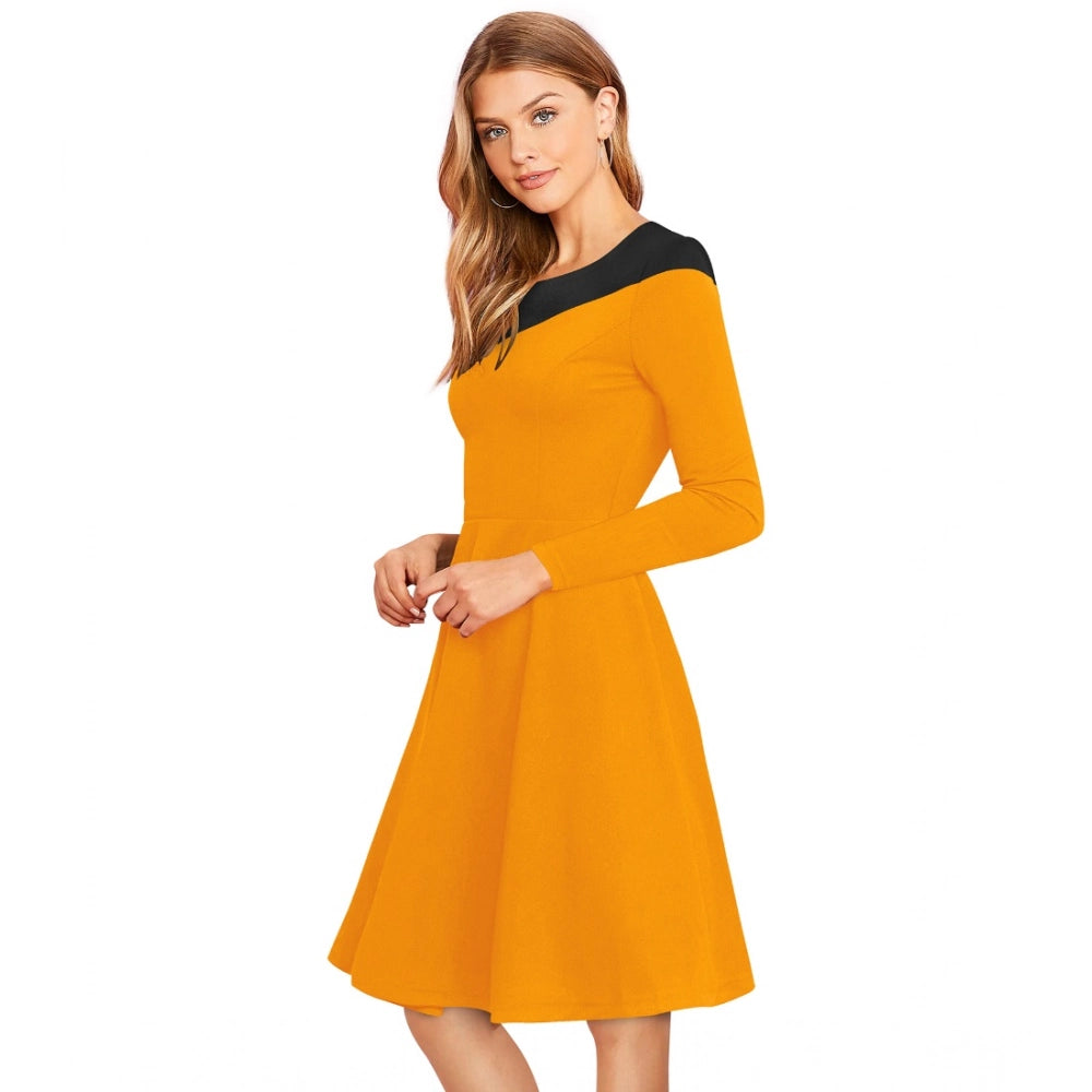 Women's Knitting strachable Solid Round Neck Full Sleeve Dresses (Yellow)