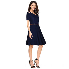 Women's Polyster Solid V Neck Cap Sleeve Dresses (Blue)