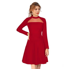 Women's Knitting strachable Solid Round Neck Full Sleeve Dresses (Red)