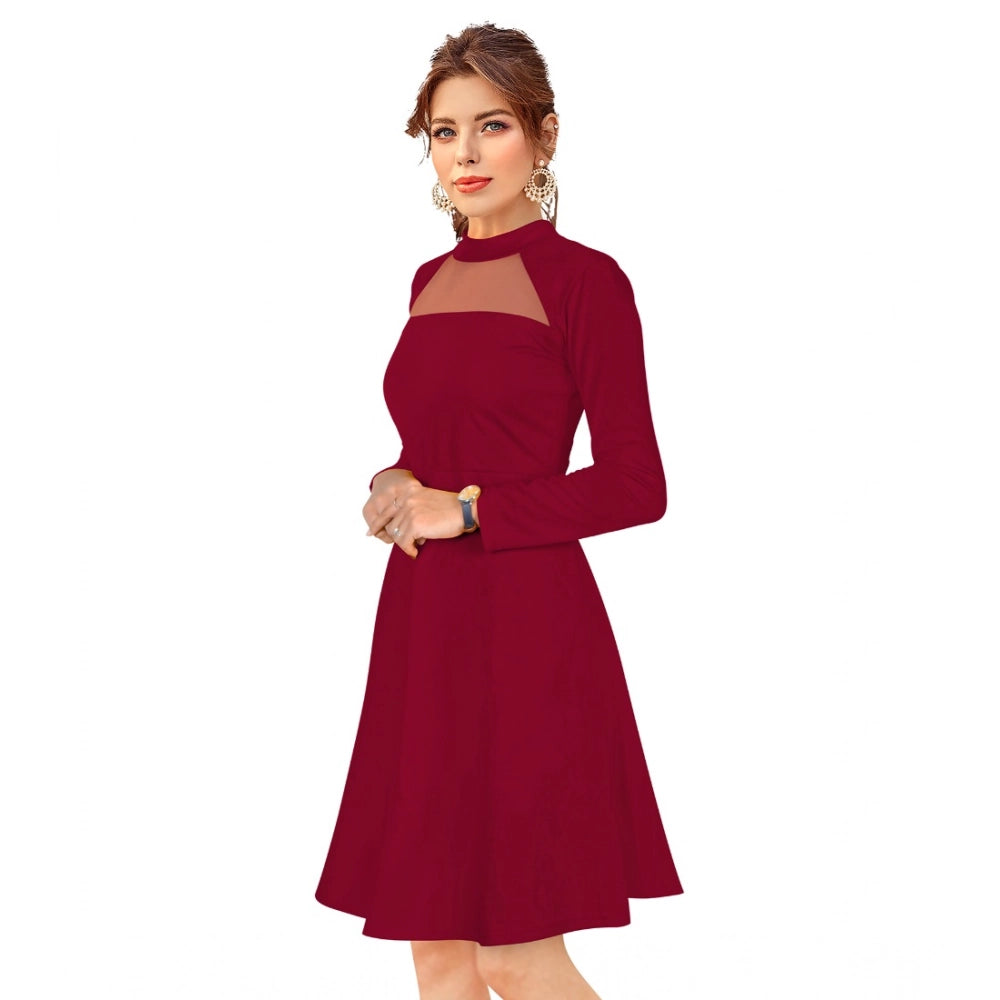 Women's Knitting strachable Solid Round Neck Full Sleeve Dresses (Maroon)