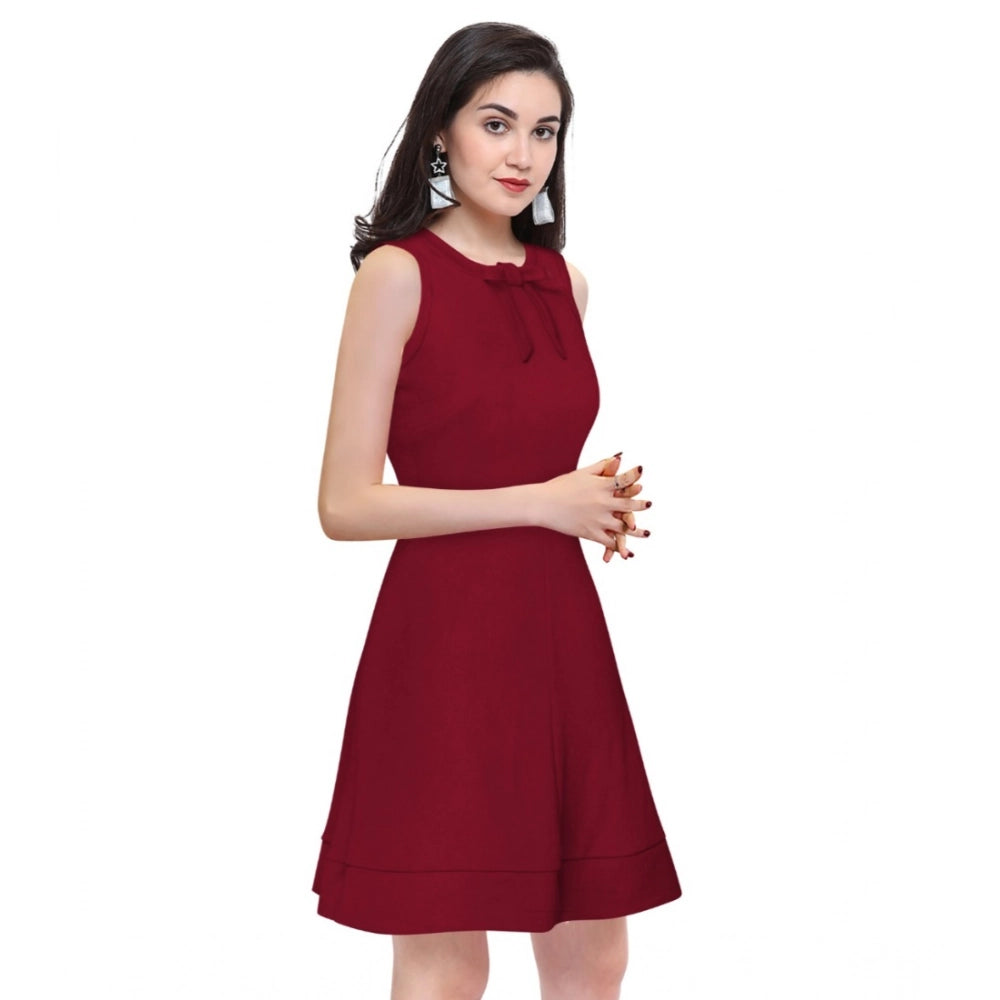 Women's Polyster Solid Round Neck Sleeveless Dresses (Maroon)