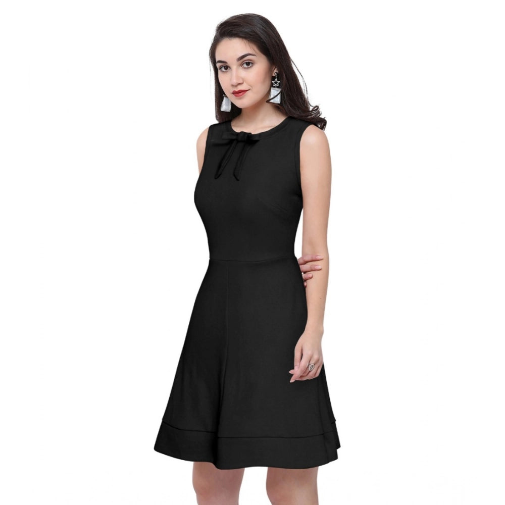 Women's Polyster Solid Round Neck Sleeveless Dresses (Black)