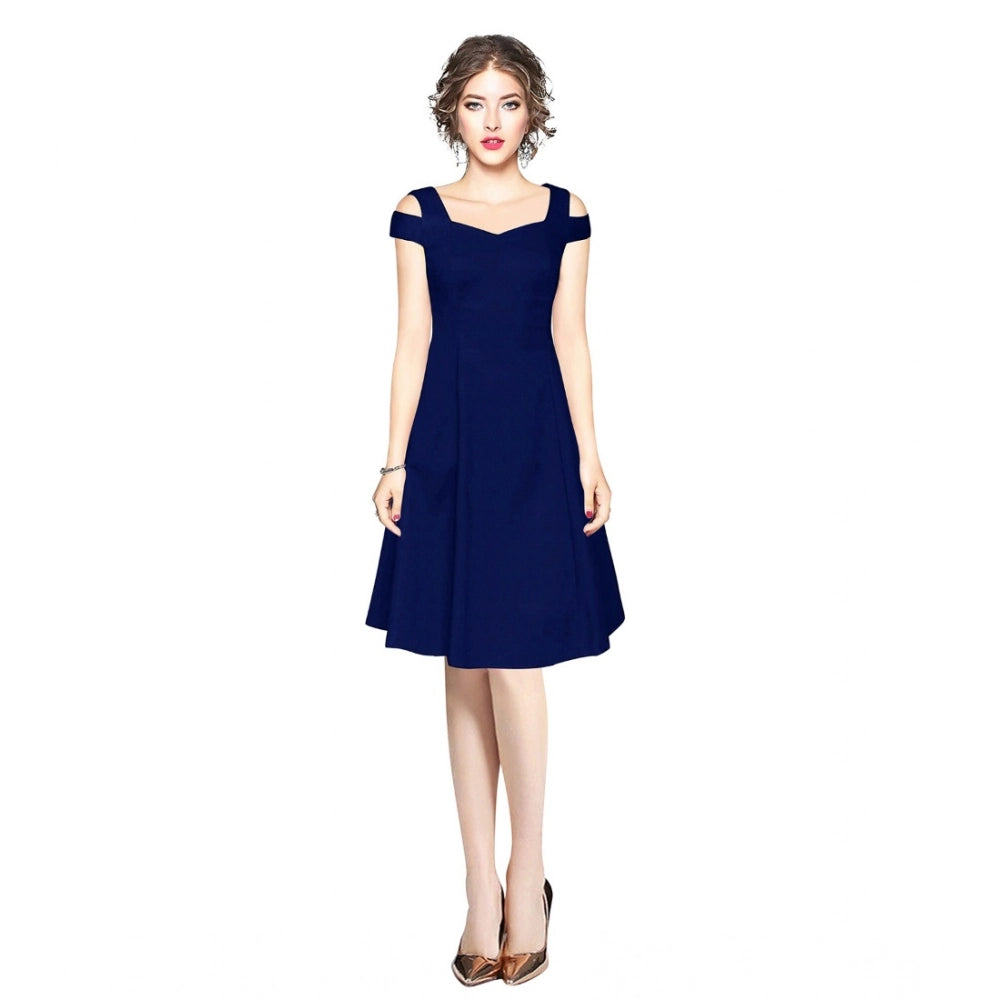 Women's Polyster Solid V Neck Cap Sleeve off Sholder Dresses (Blue)