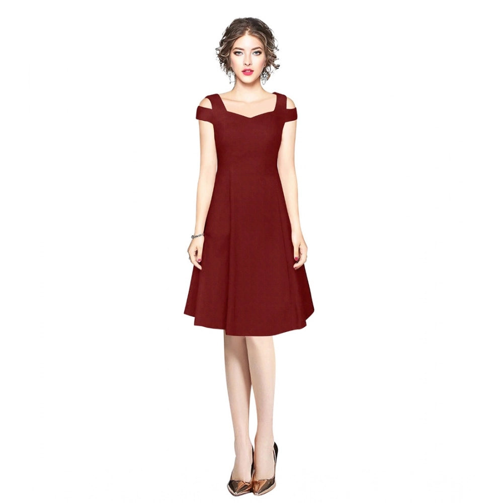 Women's Polyster Solid V Neck Cap Sleeve off Sholder Dresses (Maroon)