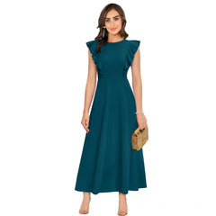 Women's Knitting strachable Solid Round Neck Ruffled Sleeve Dresses (Morpich)