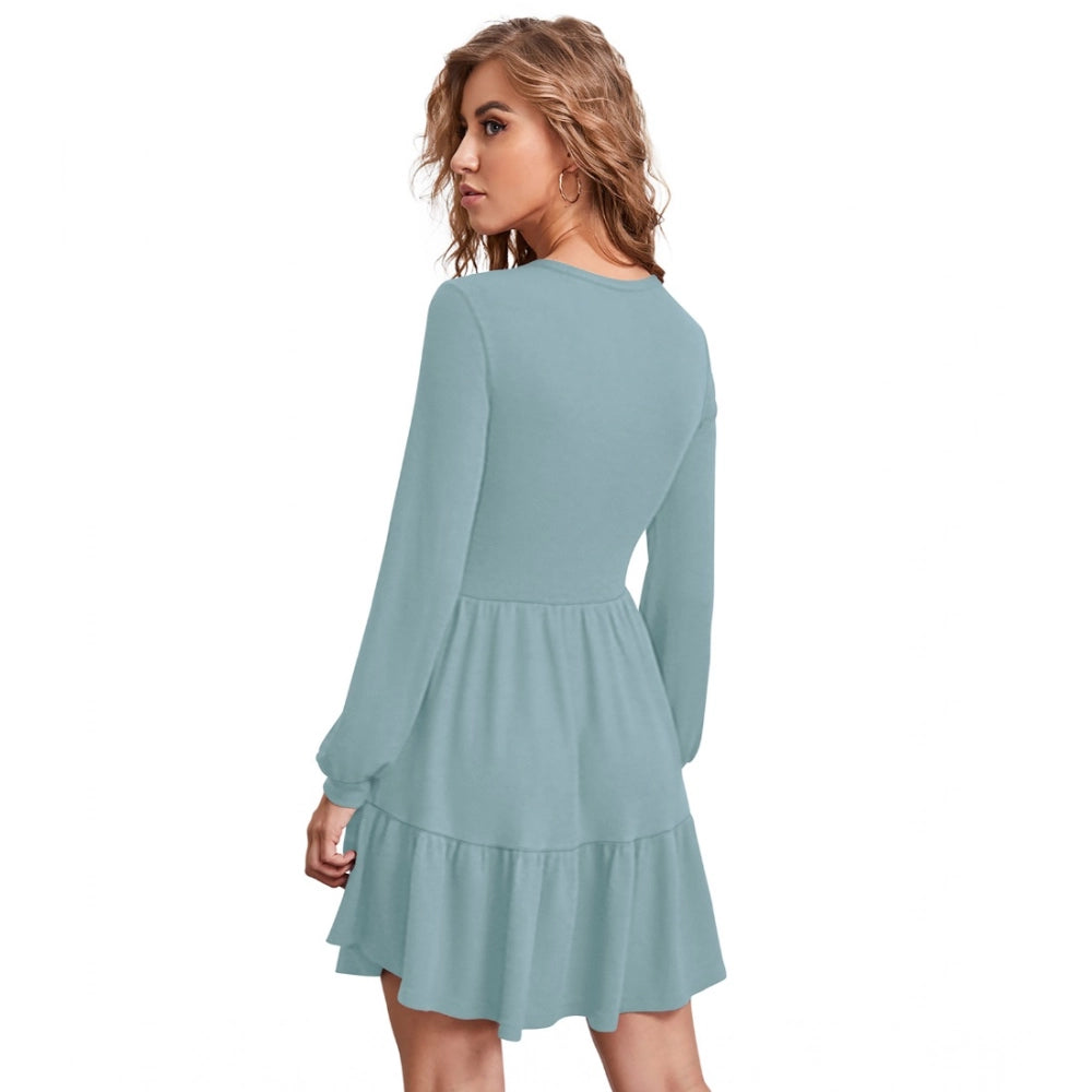 Women's Knitting strachable Solid Round Neck Full Sleeve Dresses (Pista)